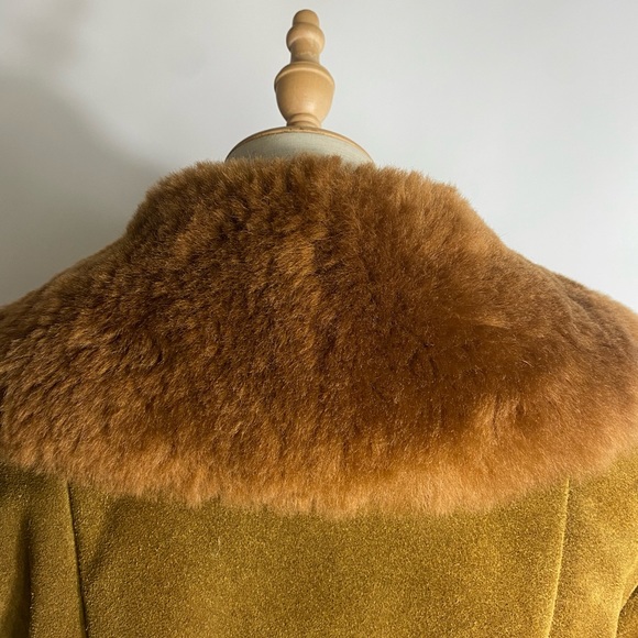 VINTAGE Genuine Suede Penny Lane Faux Fur Trim Belted Trench Coat Brown Small - Picture 11 of 12